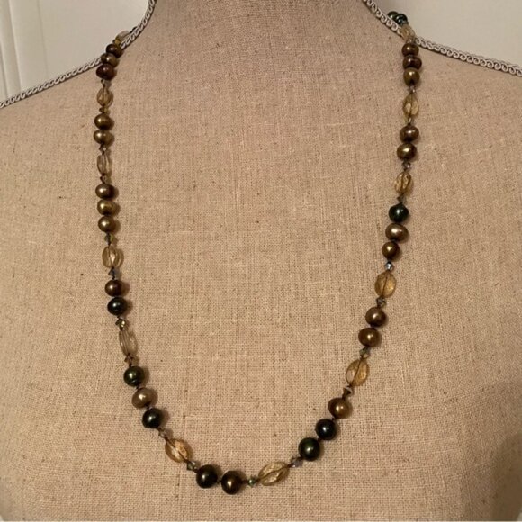 NECKLACE STRAND GREEN FRESHWATER PEARLS FACETED CRYSTALS CITRINE COLOR 28” - Picture 1 of 8